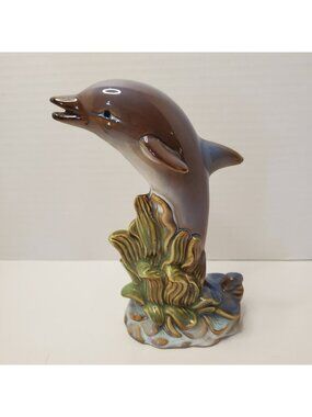 Beach Coastal Decor Blue Ceramic Dolphin Figurine